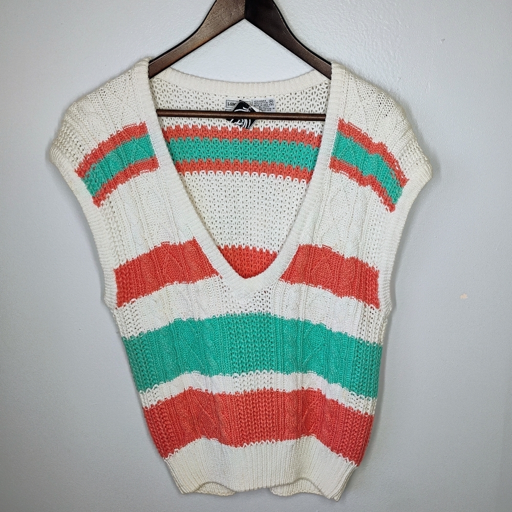Vintage L Simbury Striped Cable Knit Sweater Vest Grandmacore Size Medium